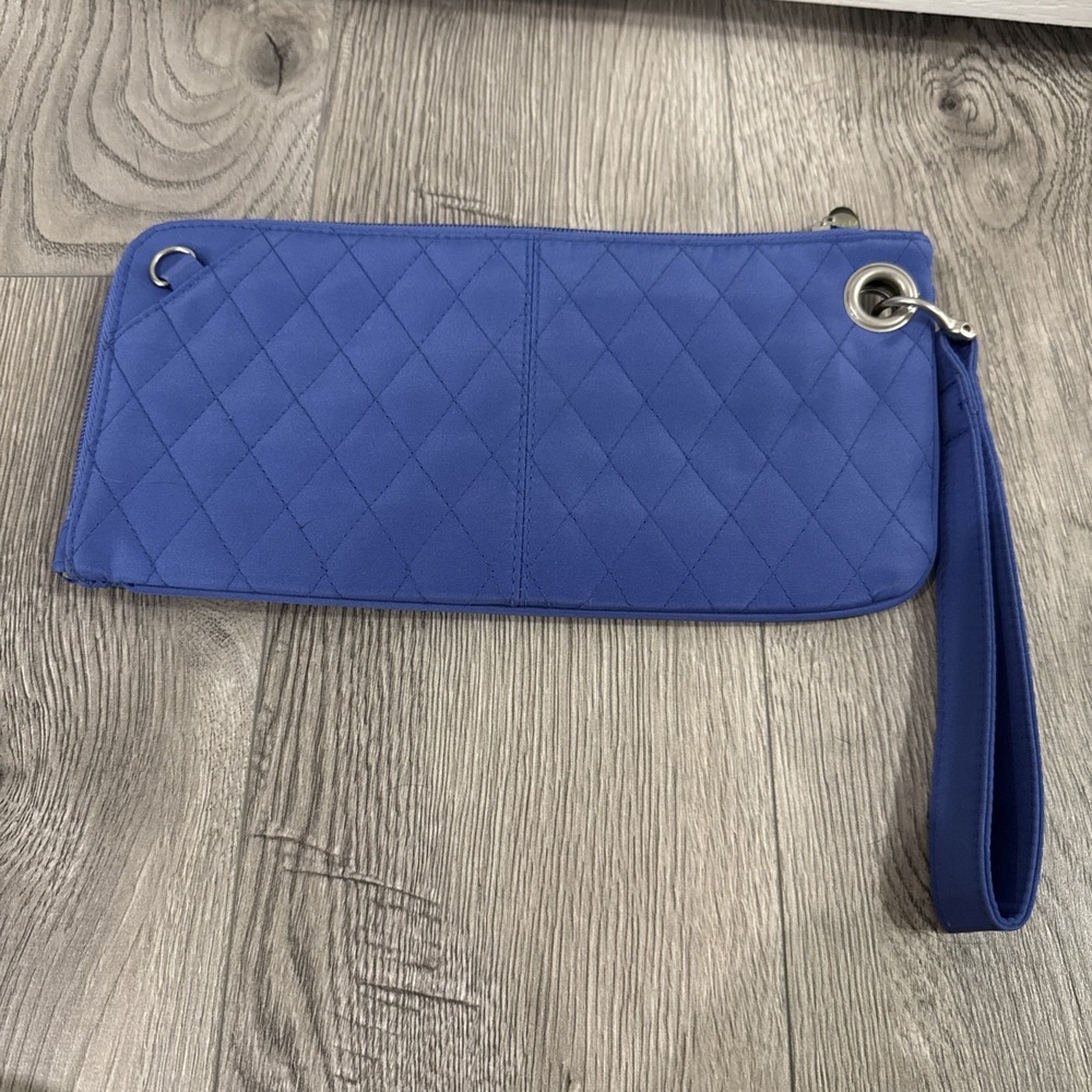 TRAVELON QUILTED FABRIC ANTI-THEFT CLUTCH WALLET WRISTLET BLUE LIME GREEN - Picture 4 of 6
